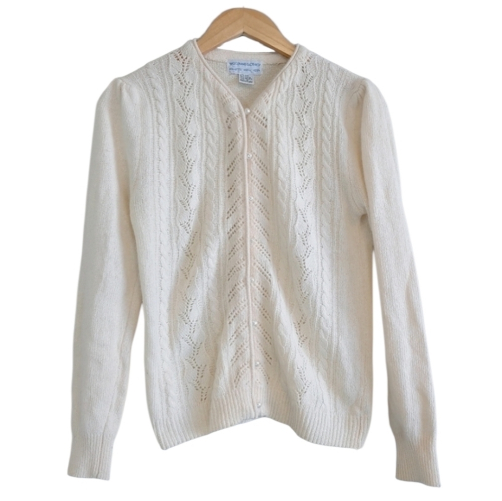 Vintage Woodward & Lothrop Silk Angora Pointelle Cable Knit Sweater Sz M Preppy